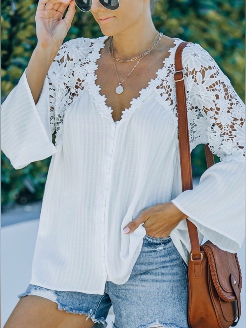 NEW Boho White Crochet Lace V-Neck Button-Front Flowy Women’s Summer Top